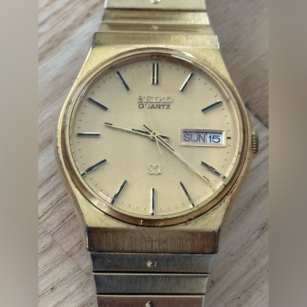 Seiko Rare Original Faceted Crystal Vintage Watch Gold Dial Case Bracelet Date